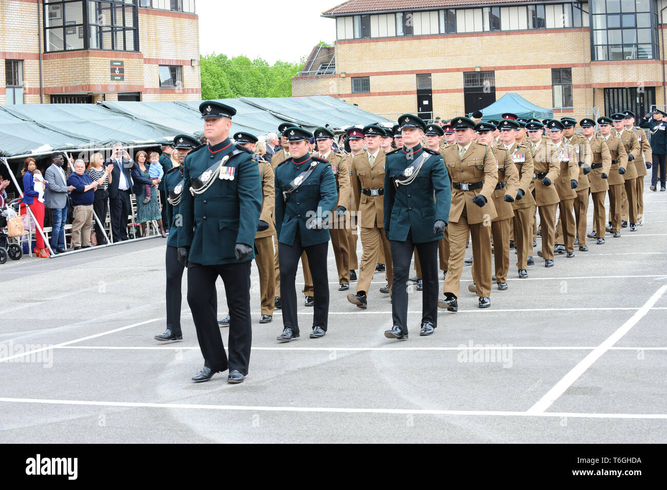 London, UK. 1st May, 2019. Soldiers, Officers, and Bandsmen are seen during the parade, as The Duchess of Cornwall, Royal Colonel, 4th Battalion the Rifles, visited the New Normandy Barracks, Aldershot to meet the members of the Battalion and their families, and also to attend the Medals Parade.65 medals were presented to the soldiers of all ranks at the New Normandy Barracks, Aldershot. Credit: Terry Scott/SOPA Images/ZUMA Wire/Alamy Live News Stock Photo