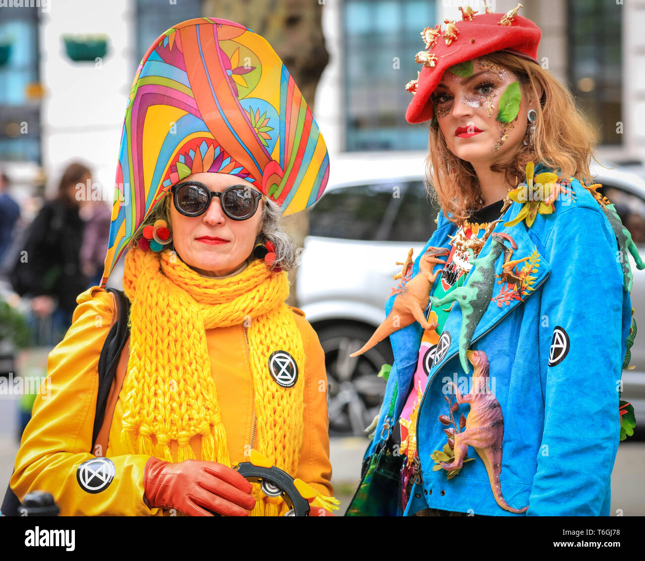 London, UK. 1st May, 2019. Protesters have turned up in fashionable, bright outfits. Extinction Rebellion have organised a 'Carnival of Chaos' outside the Brazilian Embasssy in central London. The protest is to highlight XR's 'solidarity with the people of Brazil, joining the fight to defend the planet's ecosystem' and is attended by several figures from the fashion industry. Credit: Imageplotter/Alamy Live News Stock Photo