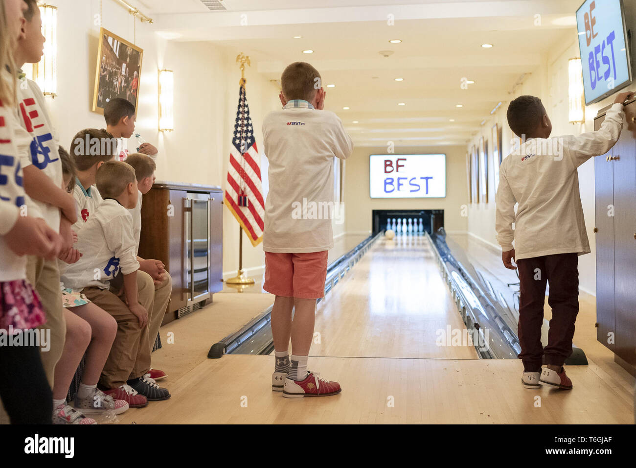 Washington DC, USA. 01st May, 2019. First Lady Melania Trump welcomed children from her United States Secret Service detail to spend an afternoon bowling inside the newly renovated bowling alley at the White House. The White House Bowling Alley, located in the Residence, was first installed in 1973 during the Nixon Administration.  Since it’s installation, many presidents and first families have enjoyed use of the bowling alley.   The original 1973 design lasted until 1994 under the Clinton Administration, which oversaw the last major renovation. Credit: Storms Media Group/Alamy Live News Stock Photo