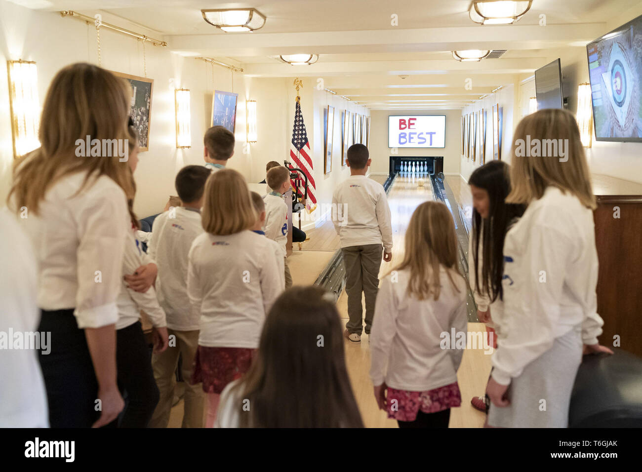 Washington DC, USA. 01st May, 2019. First Lady Melania Trump welcomed children from her United States Secret Service detail to spend an afternoon bowling inside the newly renovated bowling alley at the White House. The White House Bowling Alley, located in the Residence, was first installed in 1973 during the Nixon Administration.  Since it’s installation, many presidents and first families have enjoyed use of the bowling alley.   The original 1973 design lasted until 1994 under the Clinton Administration, which oversaw the last major renovation. Credit: Storms Media Group/Alamy Live News Stock Photo