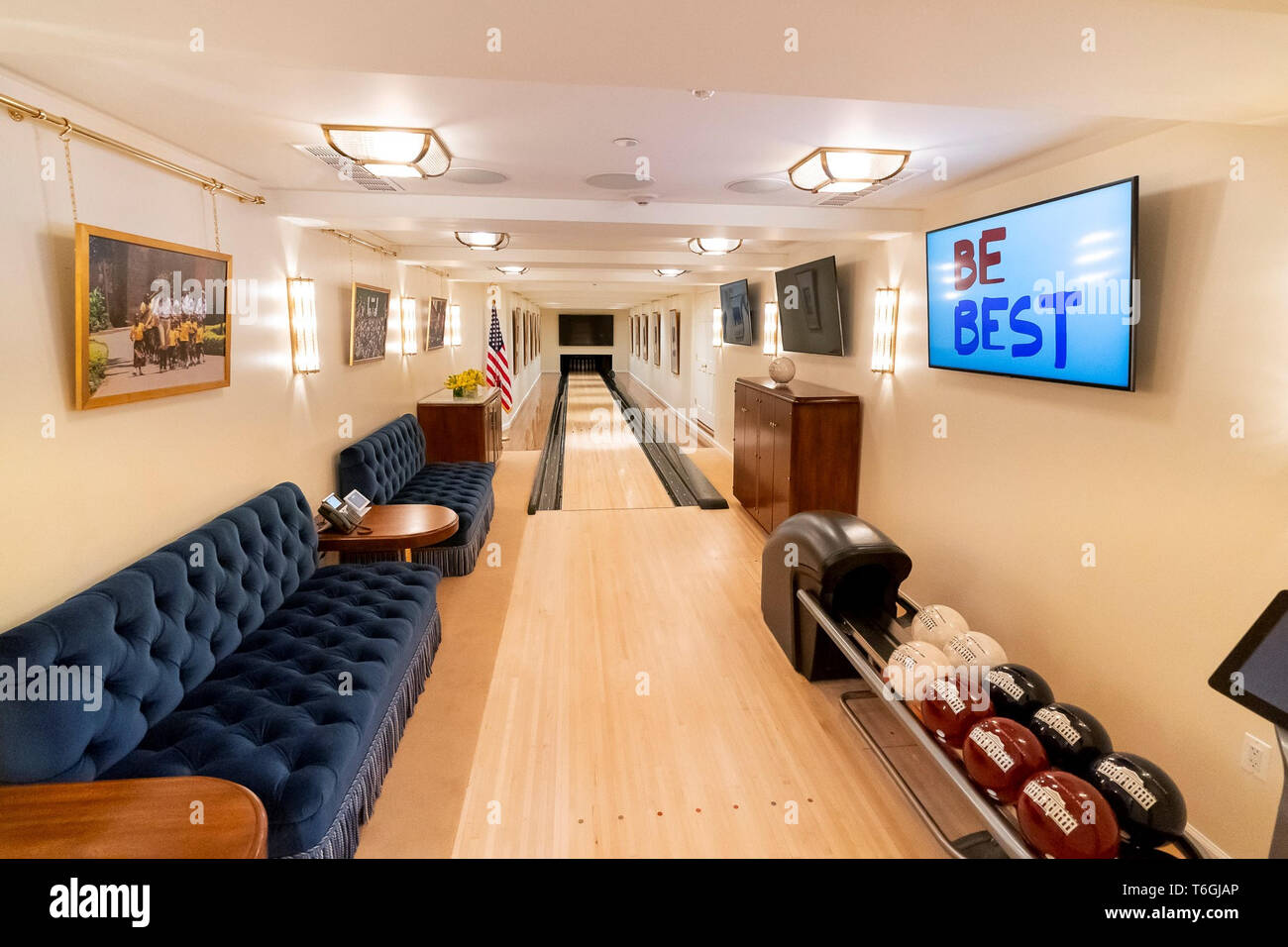Washington DC, USA. 01st May, 2019. First Lady Melania Trump welcomed children from her United States Secret Service detail to spend an afternoon bowling inside the newly renovated bowling alley at the White House. The White House Bowling Alley, located in the Residence, was first installed in 1973 during the Nixon Administration.  Since itÕs installation, many presidents and first families have enjoyed use of the bowling alley.   The original 1973 design lasted until 1994 under the Clinton Administration, which oversaw the last major renovation. Credit: Storms Media Group/Alamy Live News Stock Photo