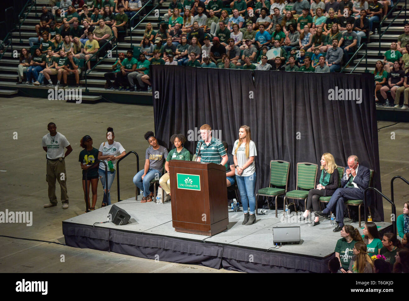 Charlotte, North Carolina, USA. 01st May, 2019. Students, teachers, and community members gather to hold vigil at UNCC. A mass shooting occurred at the university the prior day adding one more school to the list of school shootings in America in the midst of a gun control controversy. Credit: Castle Light Images/Alamy Live News Stock Photo