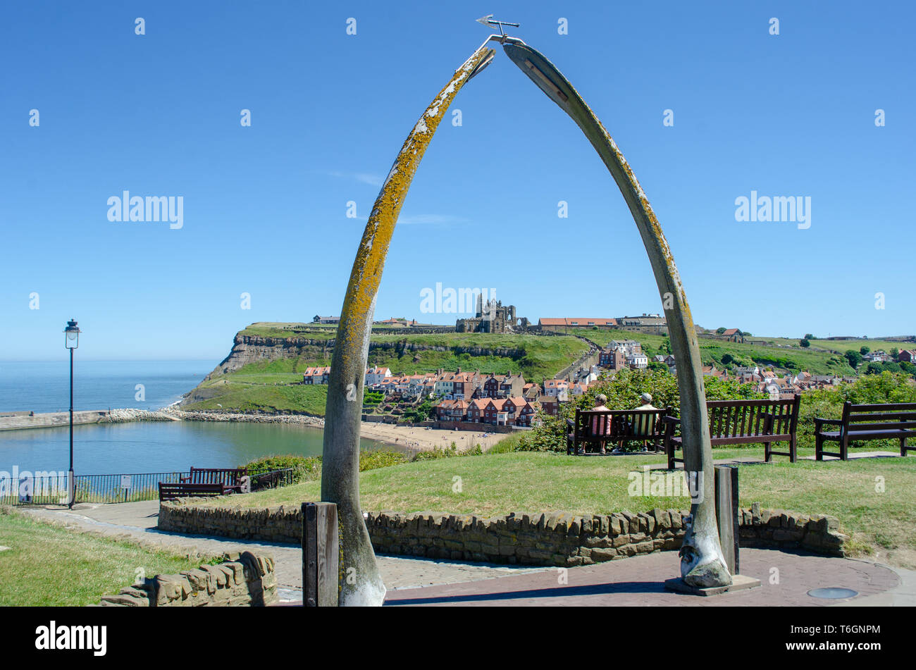Looking down on Whitby through Whalebone sculpture Stock Photo