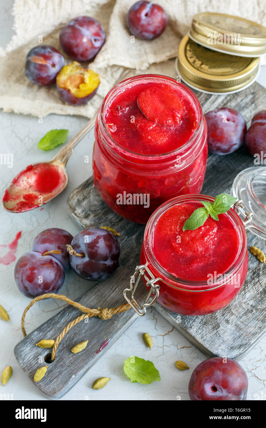 Homemade plum jam with cardamom Stock Photo Alamy