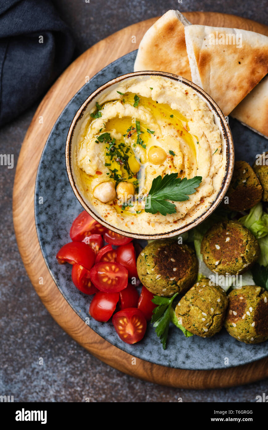 Chickpea Hummus and Falafel, Vegan Arabic Appetizer. Table top view