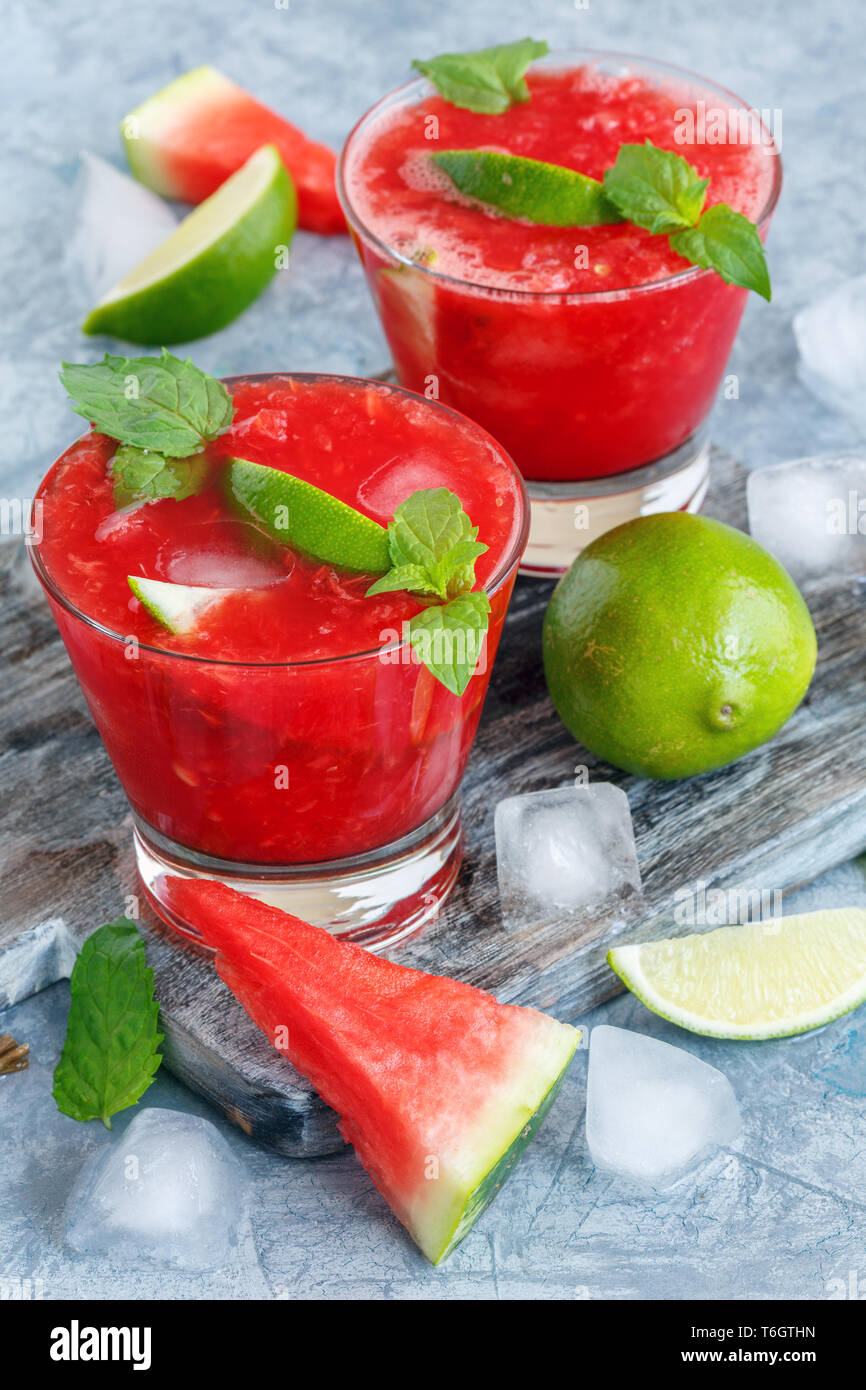 Glasses with watermelon mojito and mint. Stock Photo