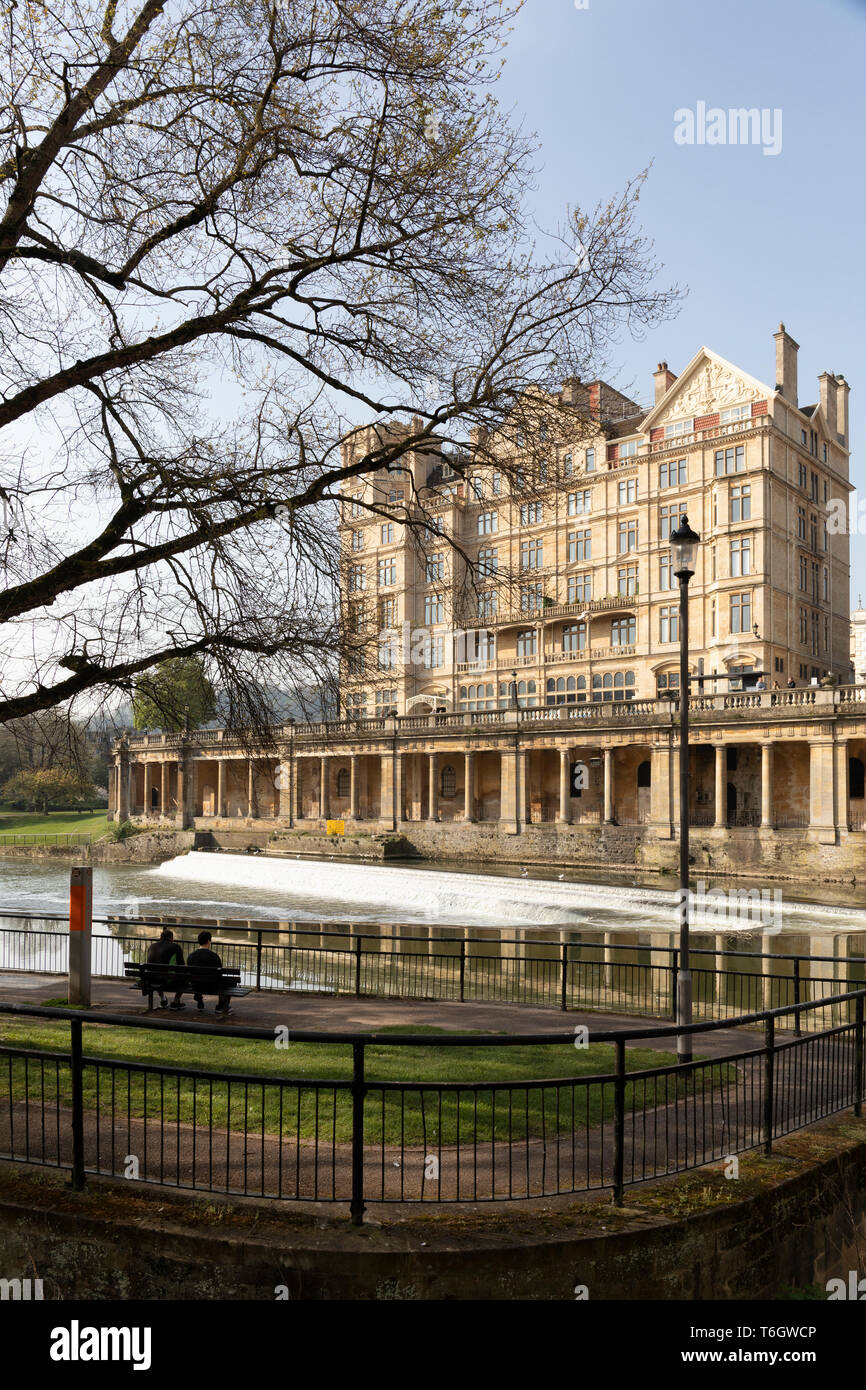The Empire Hotel Grand Parade with refelections in the river Avon, City of Bath, England, UK Stock Photo
