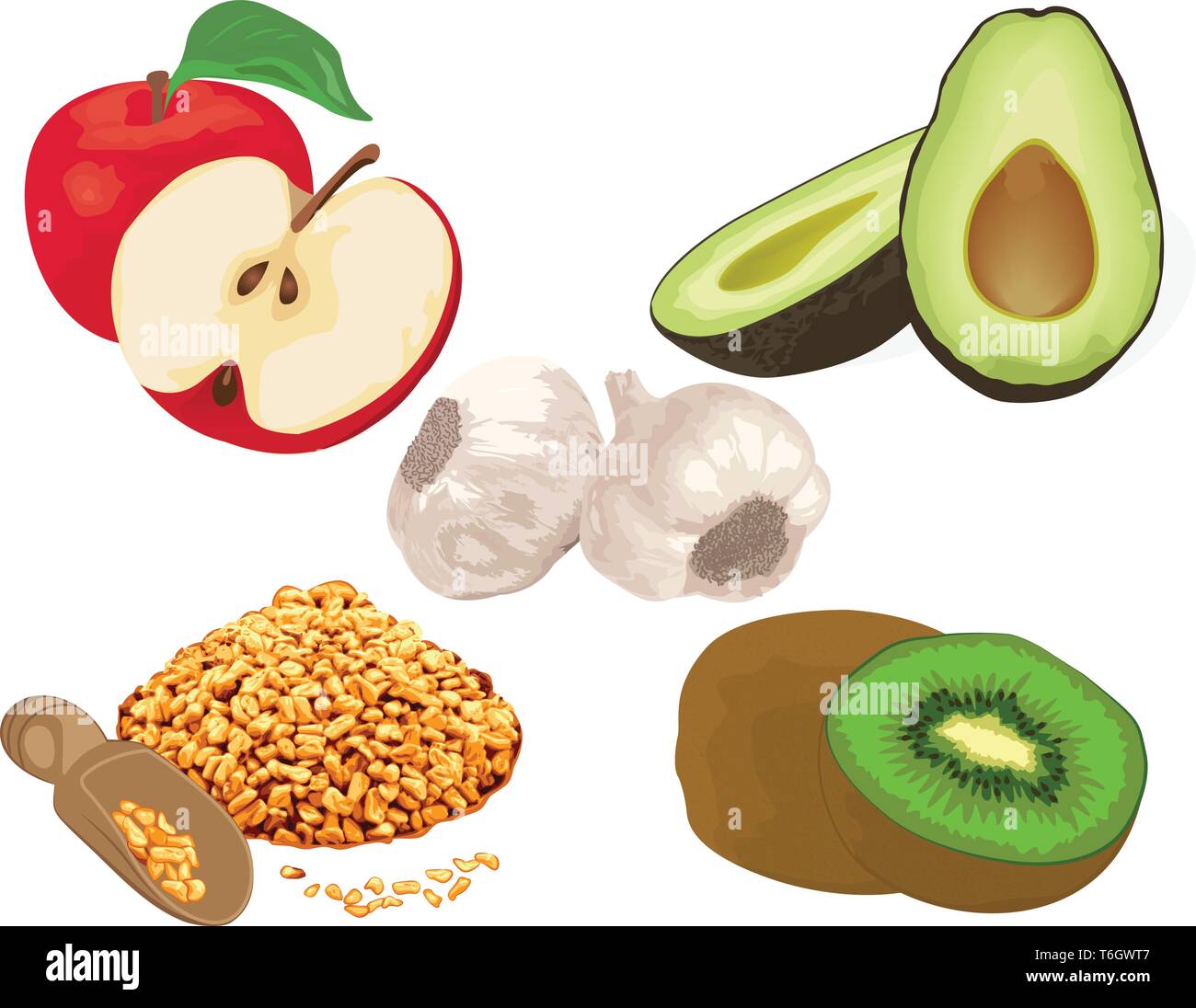 Foods to reduce cholesterol level. garlic, apple, kiwi, fenugreek