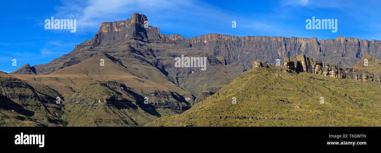 Panoramic view the amphitheater of the Drakensberg mountains, Royal Natal National Park, South Africa Stock Photo