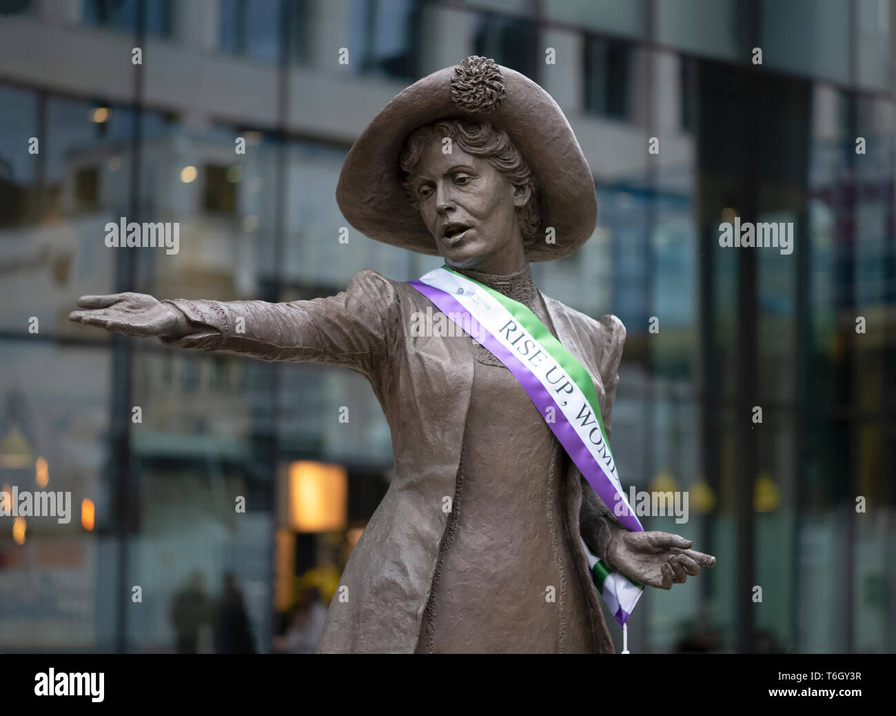 The Statue of suffragette Emmeline Pankhurst by sculptor Hazel Reeves. It stands in Saint Peters Square, Manchester, and was unveiled in Dec, 2018. Stock Photo