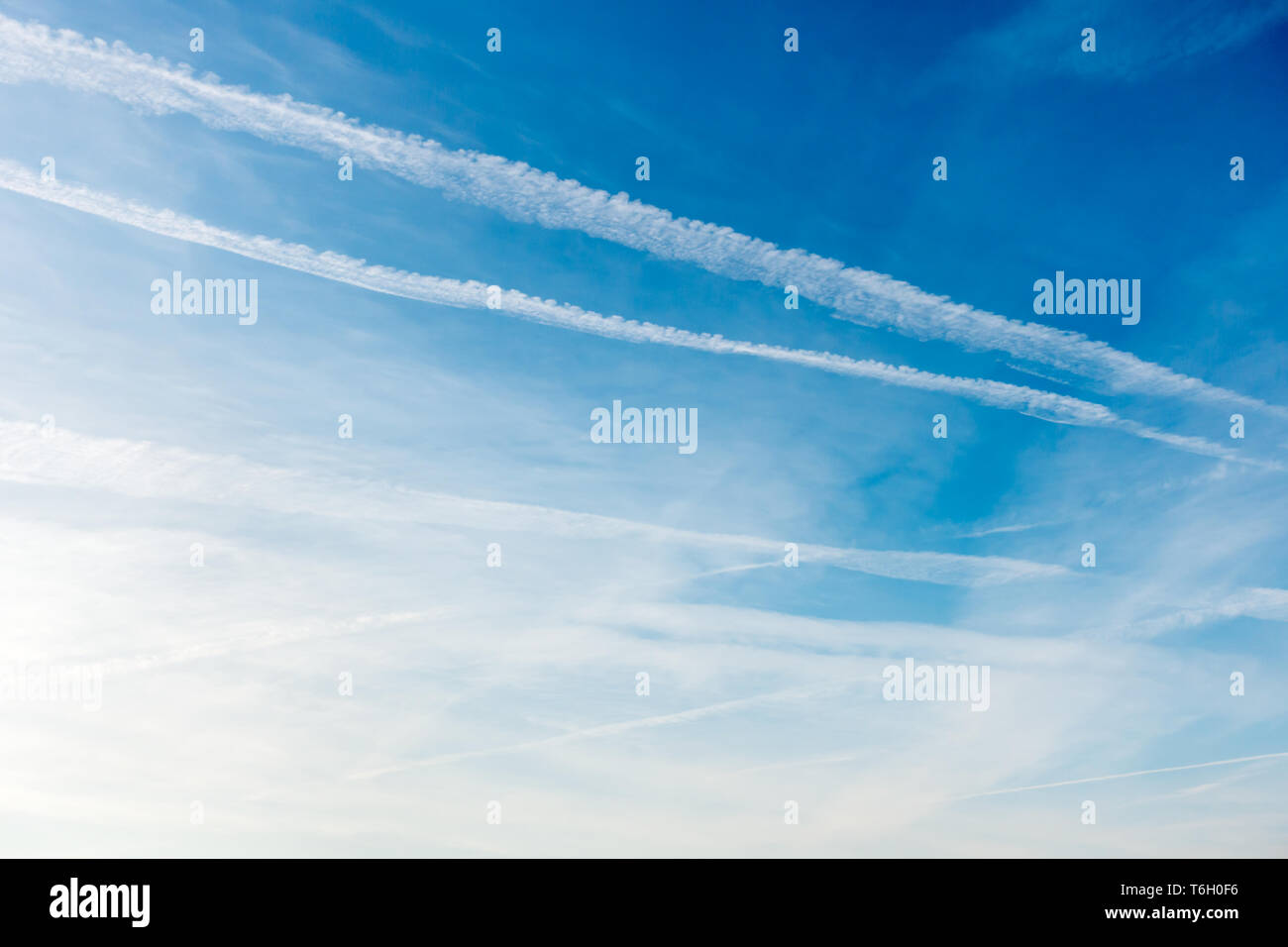 Blue sky covered with many chemtrails, contrails. Stock Photo