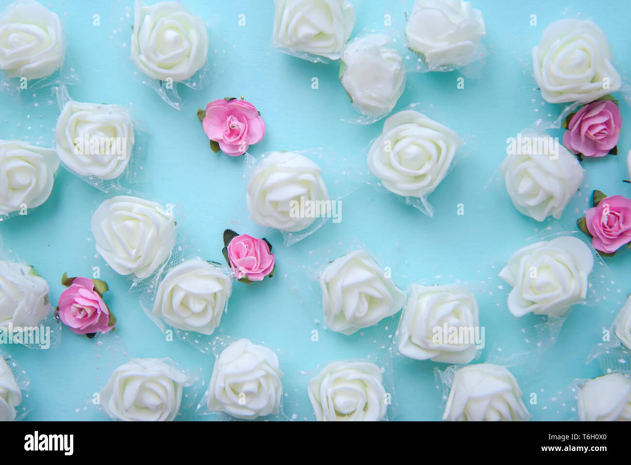 Artificial white and pink roses on blue background Stock Photo