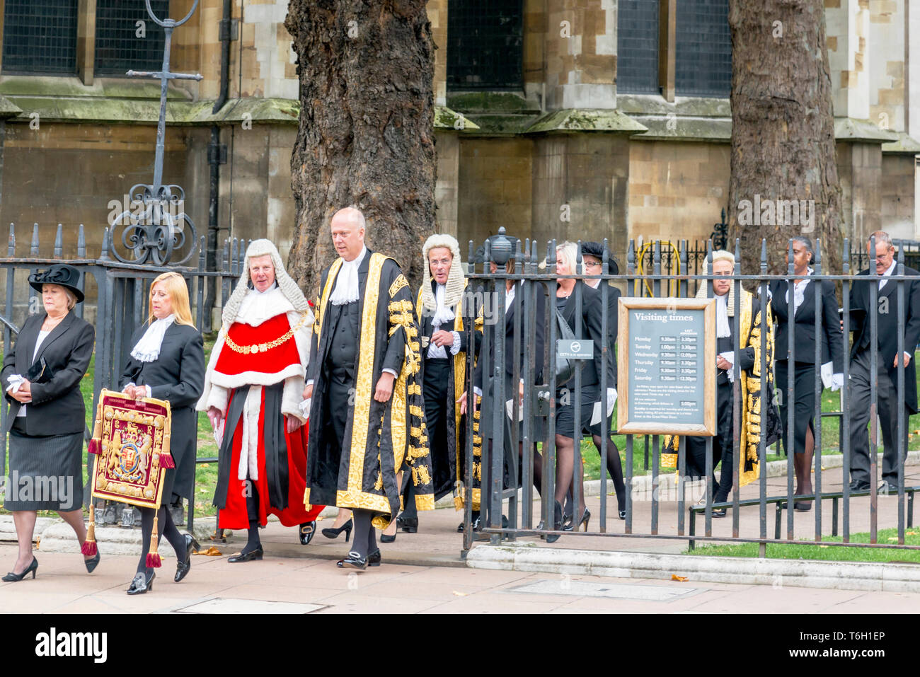 Judges and QCs, fully robed, coming from the annual judges service in