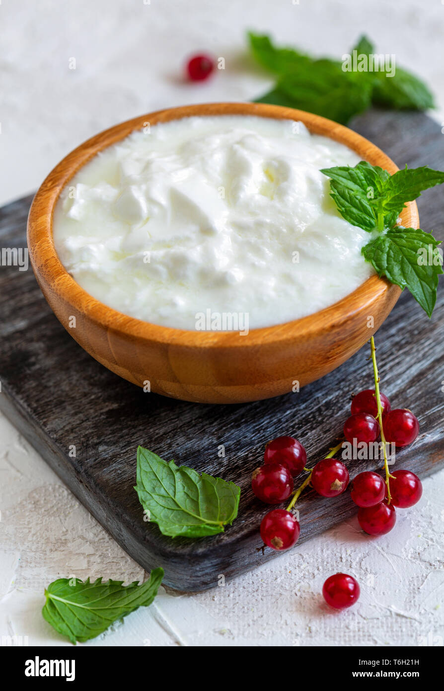 Bowl with homemade sour milk. Stock Photo
