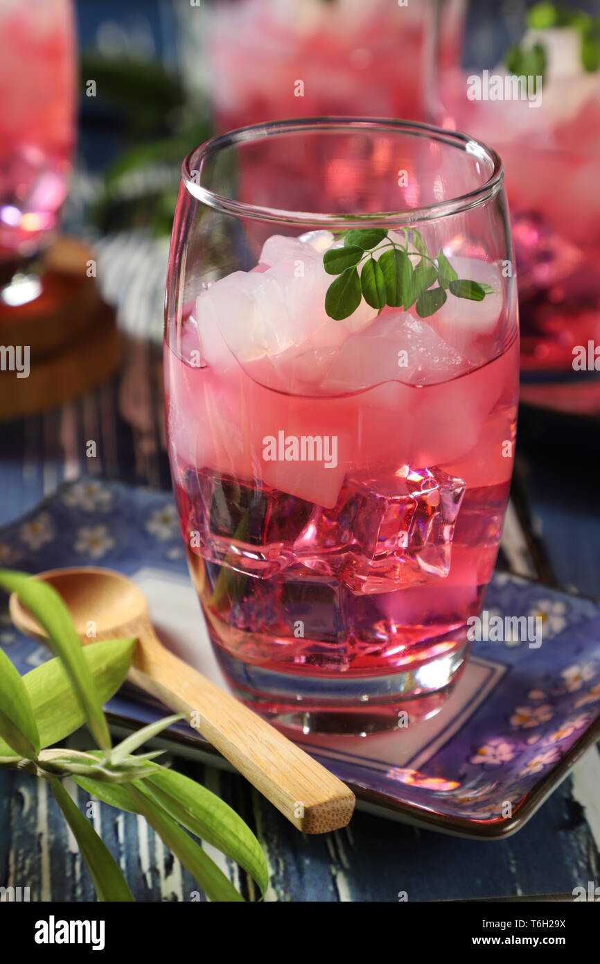 Es Nata de Coco, the Icy Dessert Drink of Coconut Jelly in Red