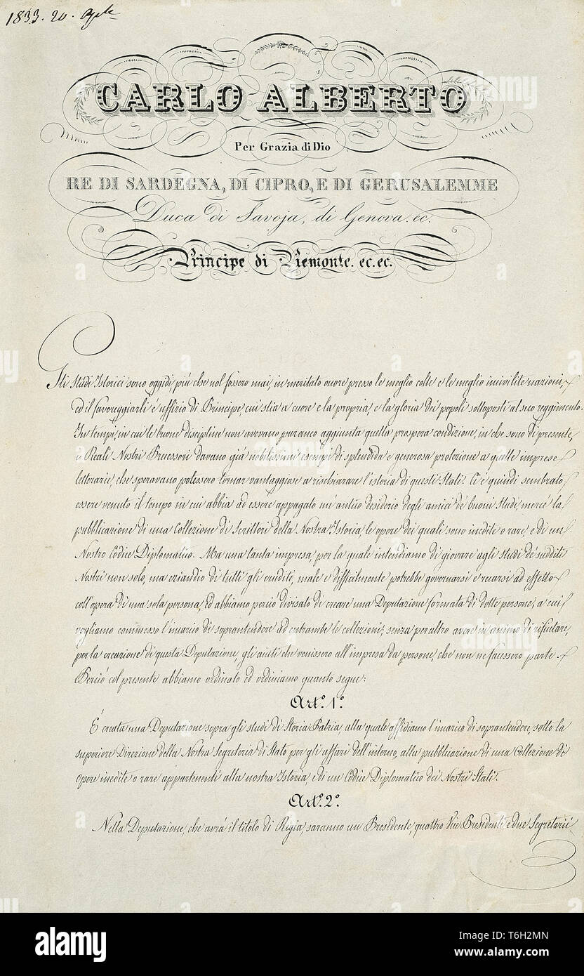 Kingdom of Sardinia - Court - Legal matters - original edicts. Patent for which his majesty Carlo Alberto creates a royal deputation over the history of homeland studies ( page 1 ) Stock Photo
