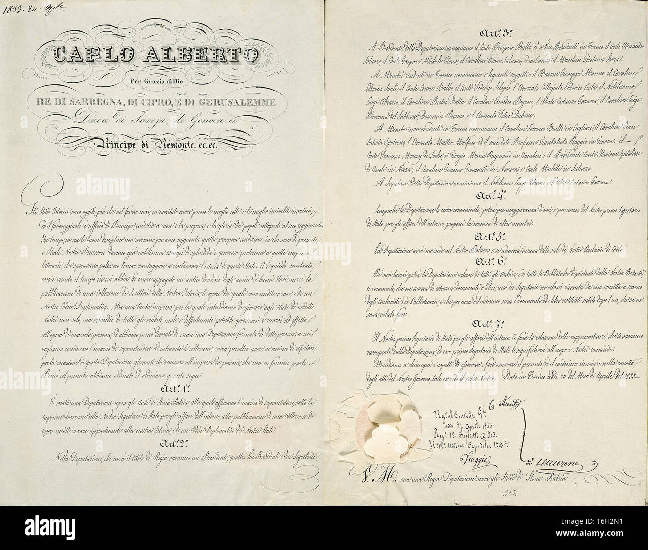 Kingdom of Sardinia - Court - Legal matters - original edicts. Patent for which his majesty Carlo Alberto creates a royal deputation over the history of homeland studies ( full ) Stock Photo