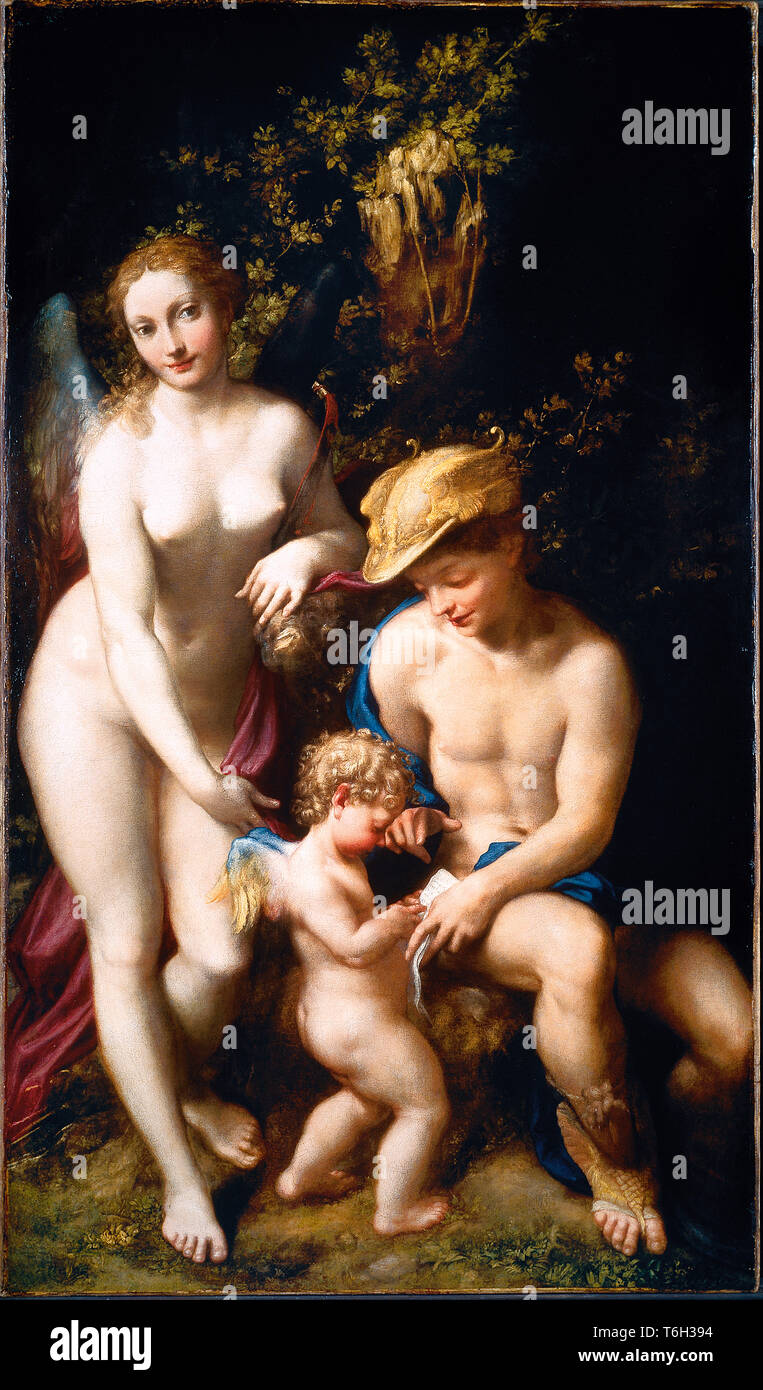Correggio ( Antonio Allegri ) Venus with Mercury and Cupid â€œThe School of Loveâ€ - 1640 Stock Photo