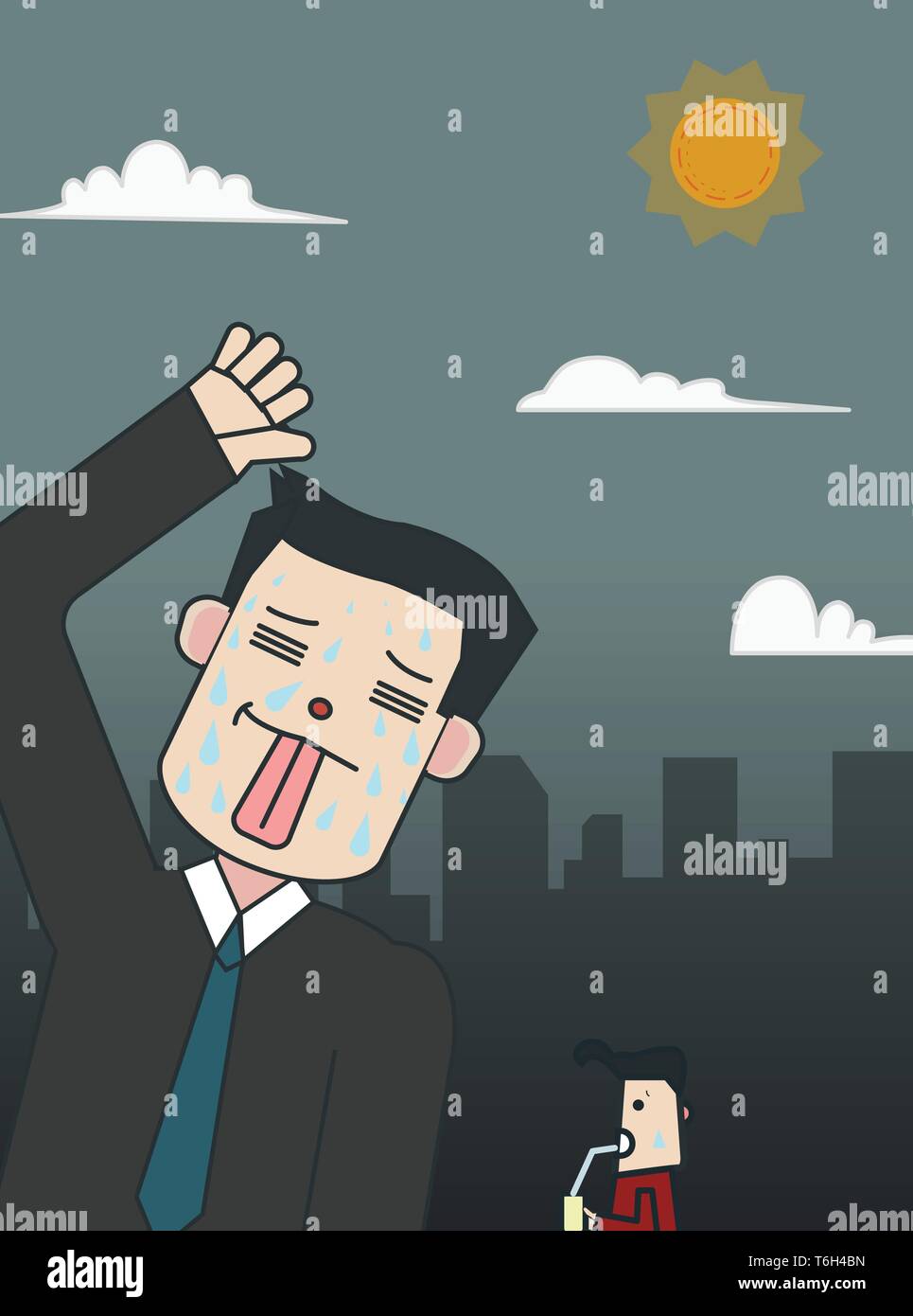 Business man cartoon in town with hot weather.Hot weather with city concept.People heat from weather in urban.Man tired to high temperature Stock Vector