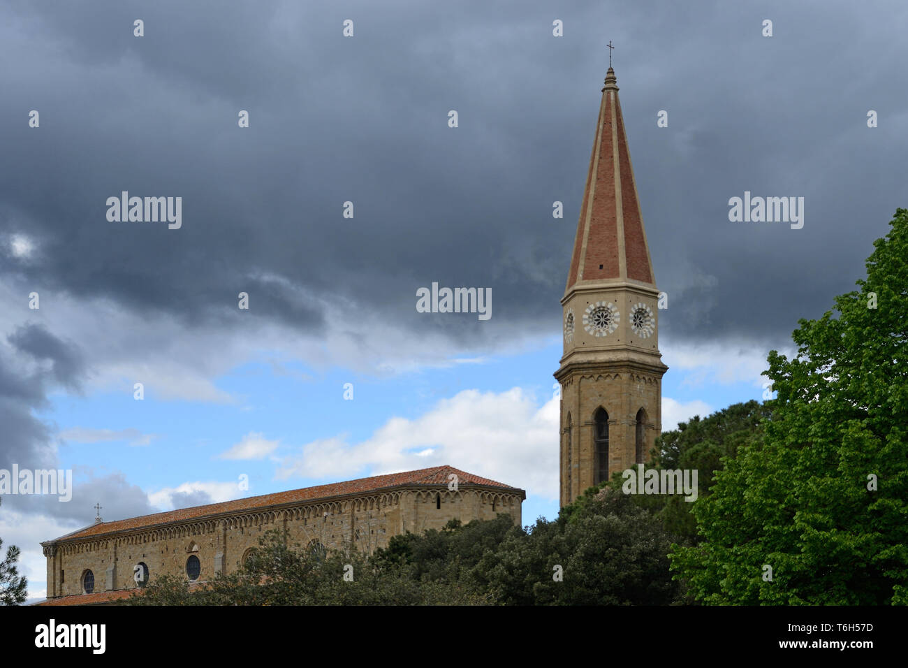 Portrait of the medieval Arezzo Cathedral  with its neo Gothic style, on  a cloudy day Stock Photo