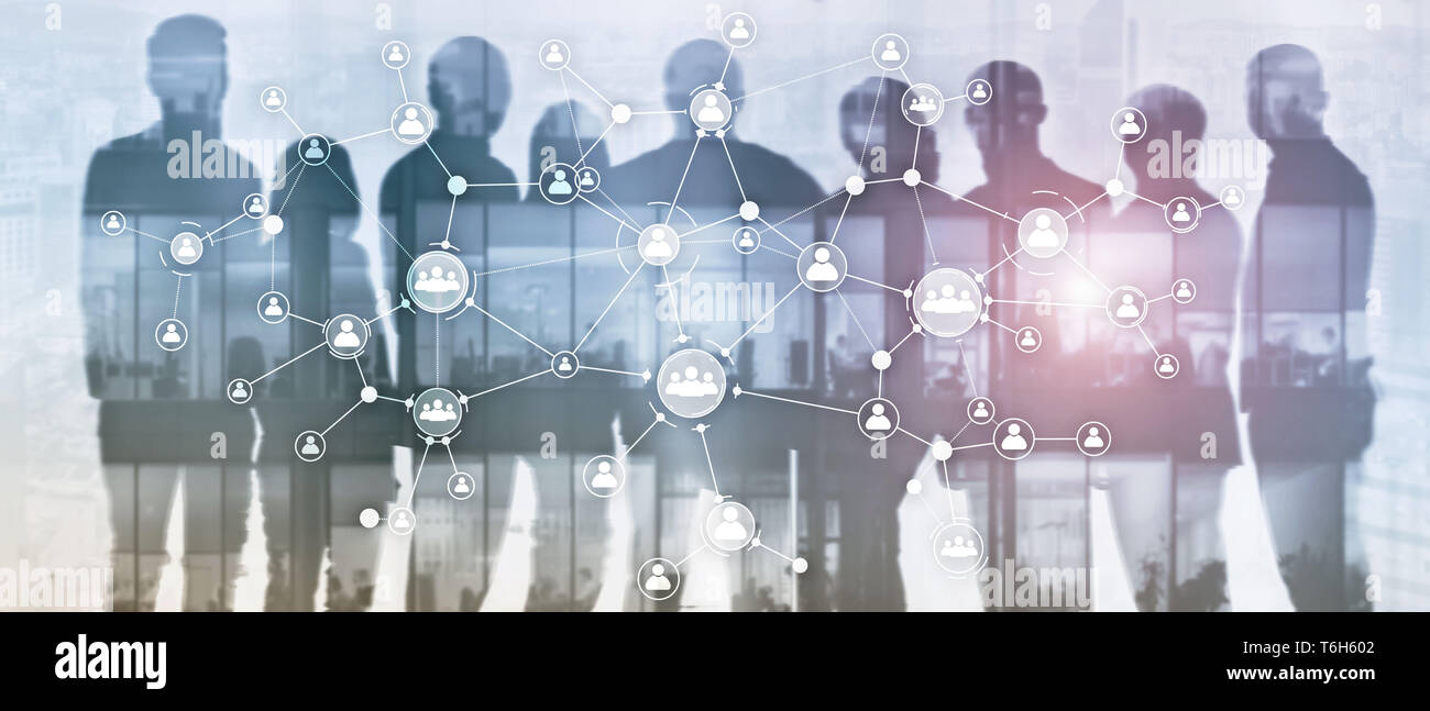 HR human resources management concept corporate organisation structure mixed media double exposure virtual screen. Website Panorama Banner. Stock Photo