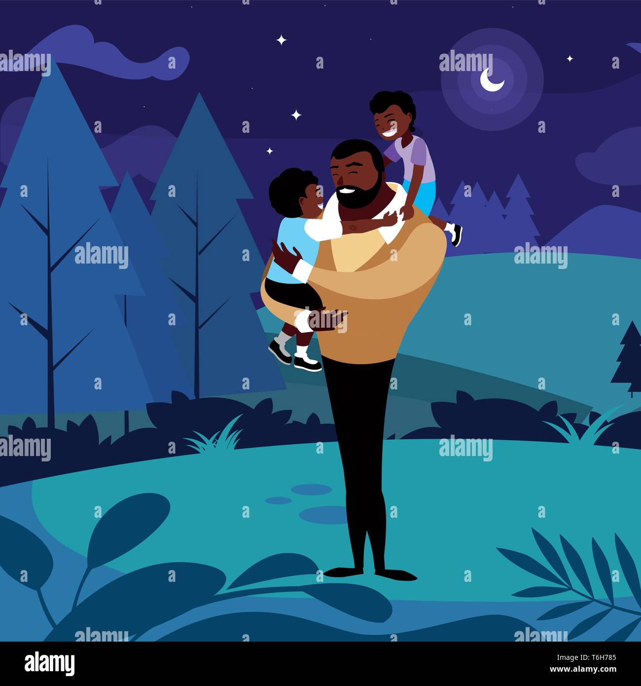 afro father with sons characters in the field at night vector ...
