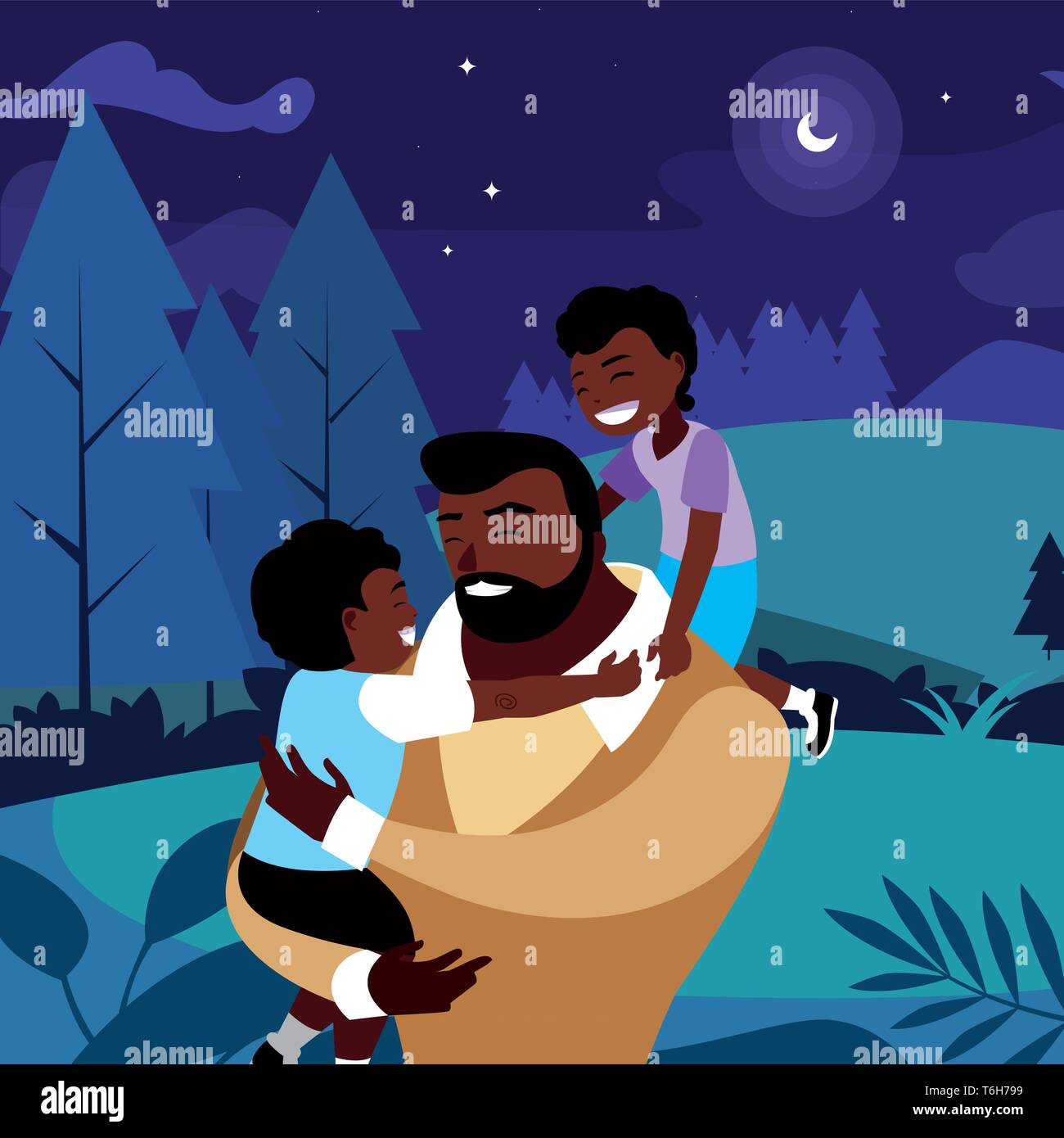 afro father with sons characters in the field at night vector ...