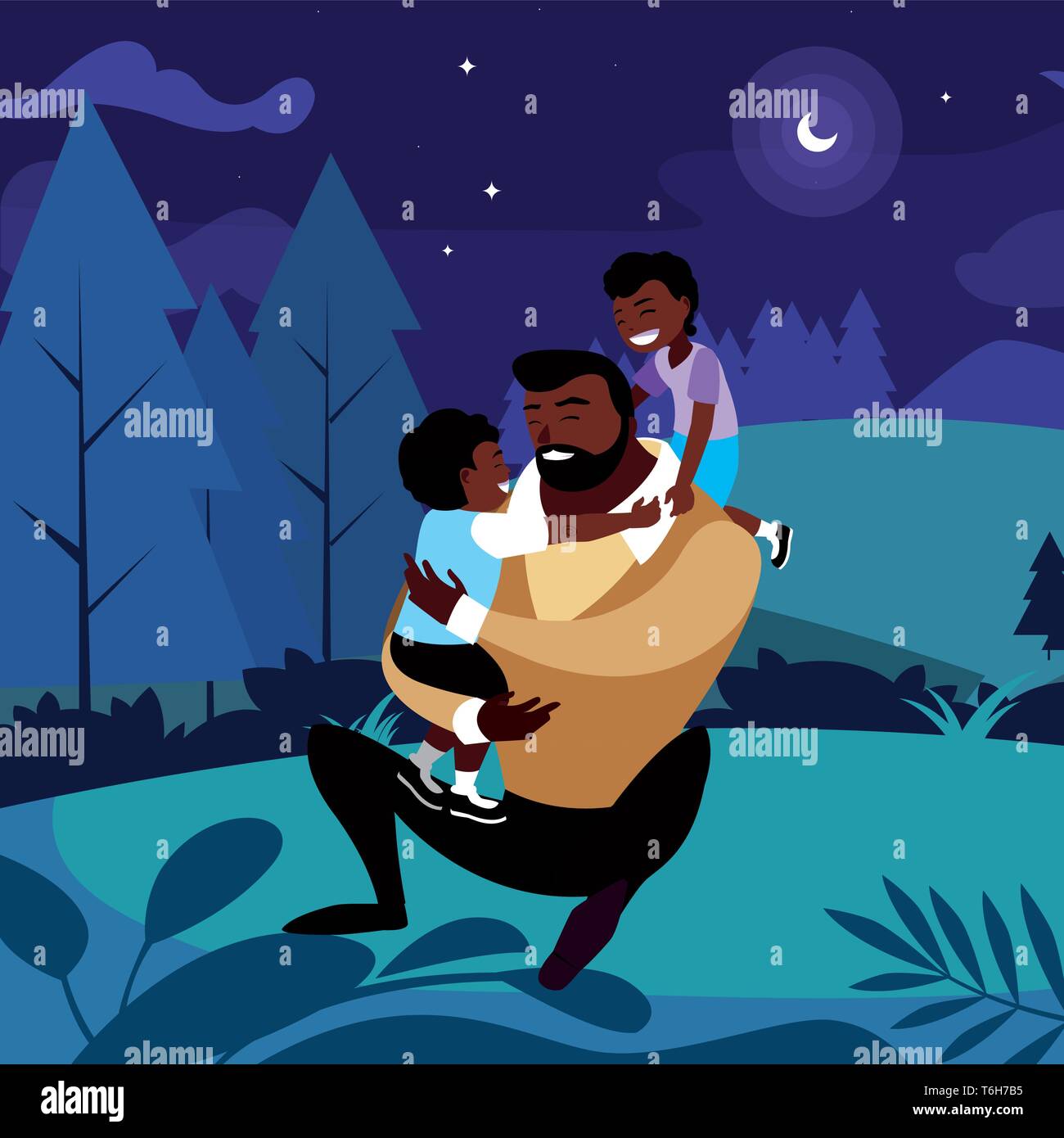 afro father with sons characters in the field at night vector ...