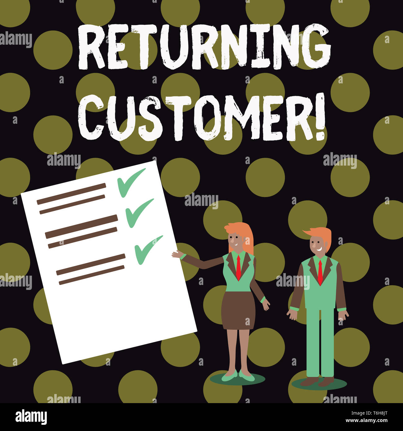 Text sign showing Returning Customer. Business photo showcasing customer returns again and again to purchase a good Man and Woman in Business Suit Pre Stock Photo