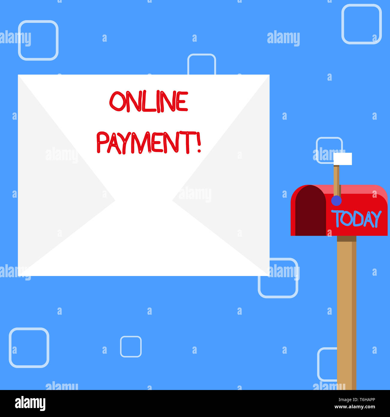 Handwriting text Online Payment. Conceptual photo Internetbased method of processing economic transactions Blank Big White Envelope and Open Red Mailb Stock Photo