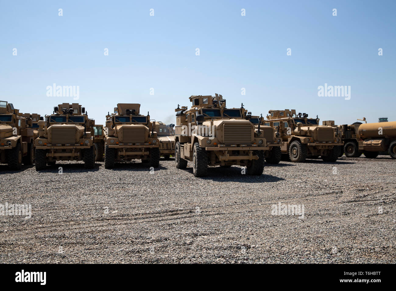 U.S. Marine Corps Cpl. Gage Peterson, a motor transport operator with Special Purpose Marine Air Ground Task Force Crisis Response-Central Command, moves a mine-resistant, ambush-protected vehicle to a staging lot in Southwest Asia, April 12, 2019. The SPMAGTF-CR-CC is a quick reaction force, prepared to deploy a variety of capabilities across the region. (U.S. Marine Corps photo by Cpl. Alina Thackray) Stock Photo