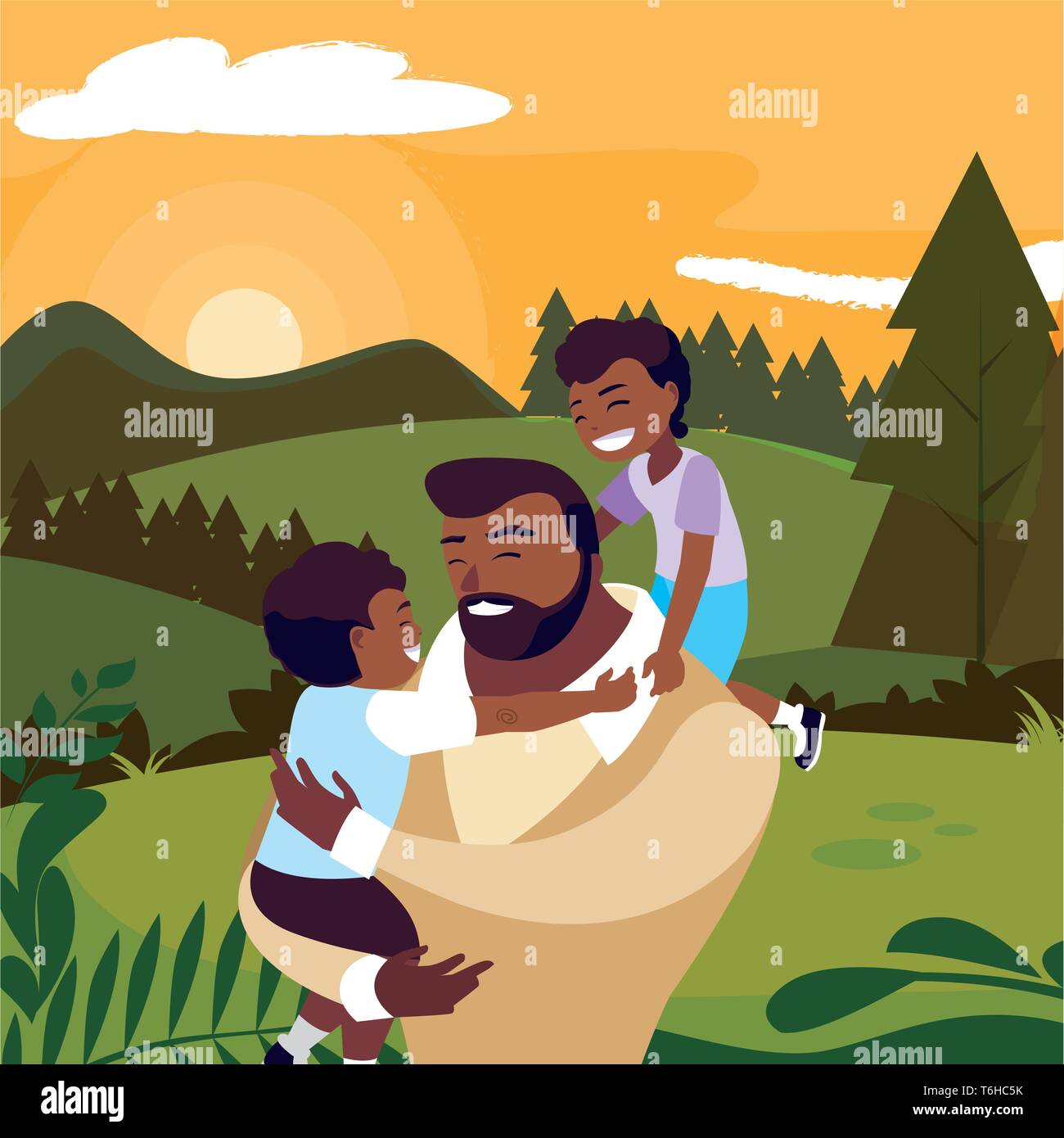 afro father with sons characters in the field vector illustration ...