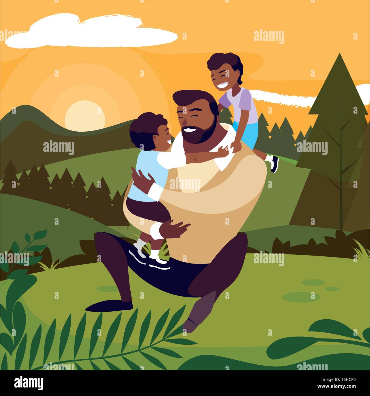 afro father with sons characters in the field vector illustration ...