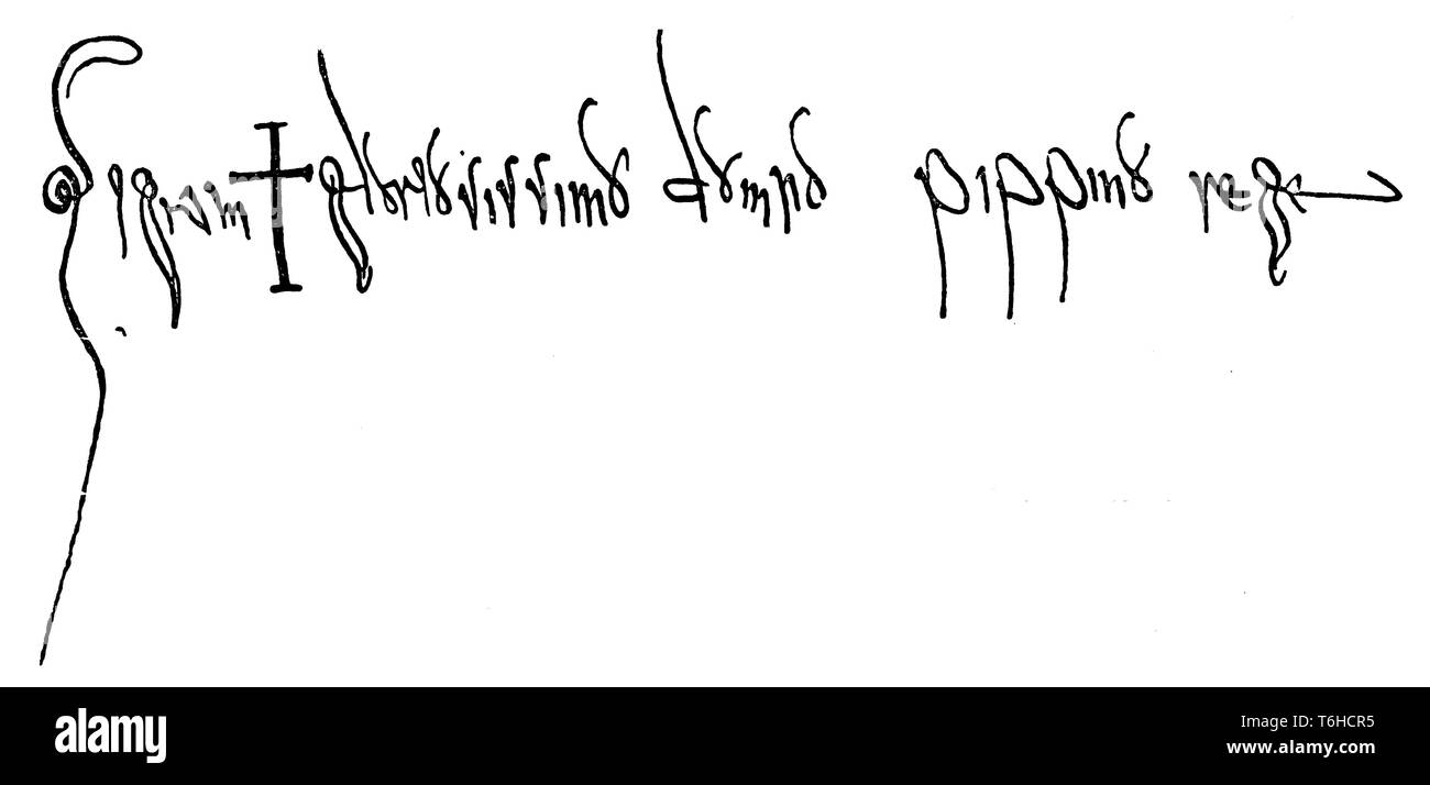 Pippin the Younger, also called Pippin III, Pippin the Short and Pippin the Small (714-768), Franconian housekeeper of the Carolingian family, King of the Franks since 751. 'Signum + gloriosissimo domno pippino rege'. Signature of Pipin as king. From a diploma of the year 755 in the National Archives in Paris',   1899 Stock Photo