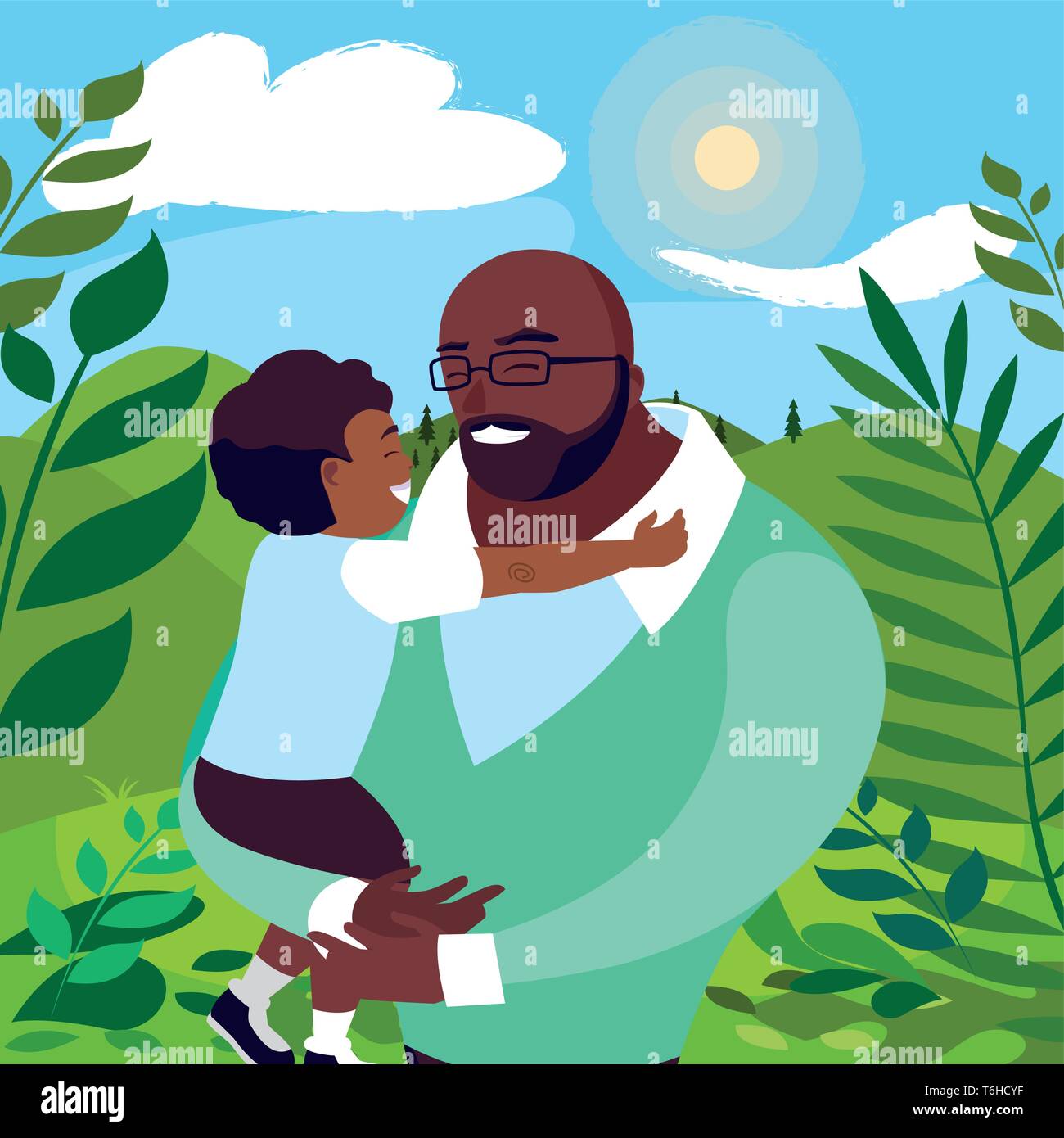 afro father with son in the field vector illustration design Stock ...