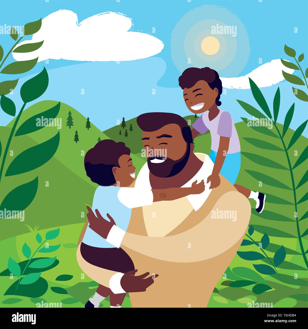 afro father with sons characters in the field vector illustration ...