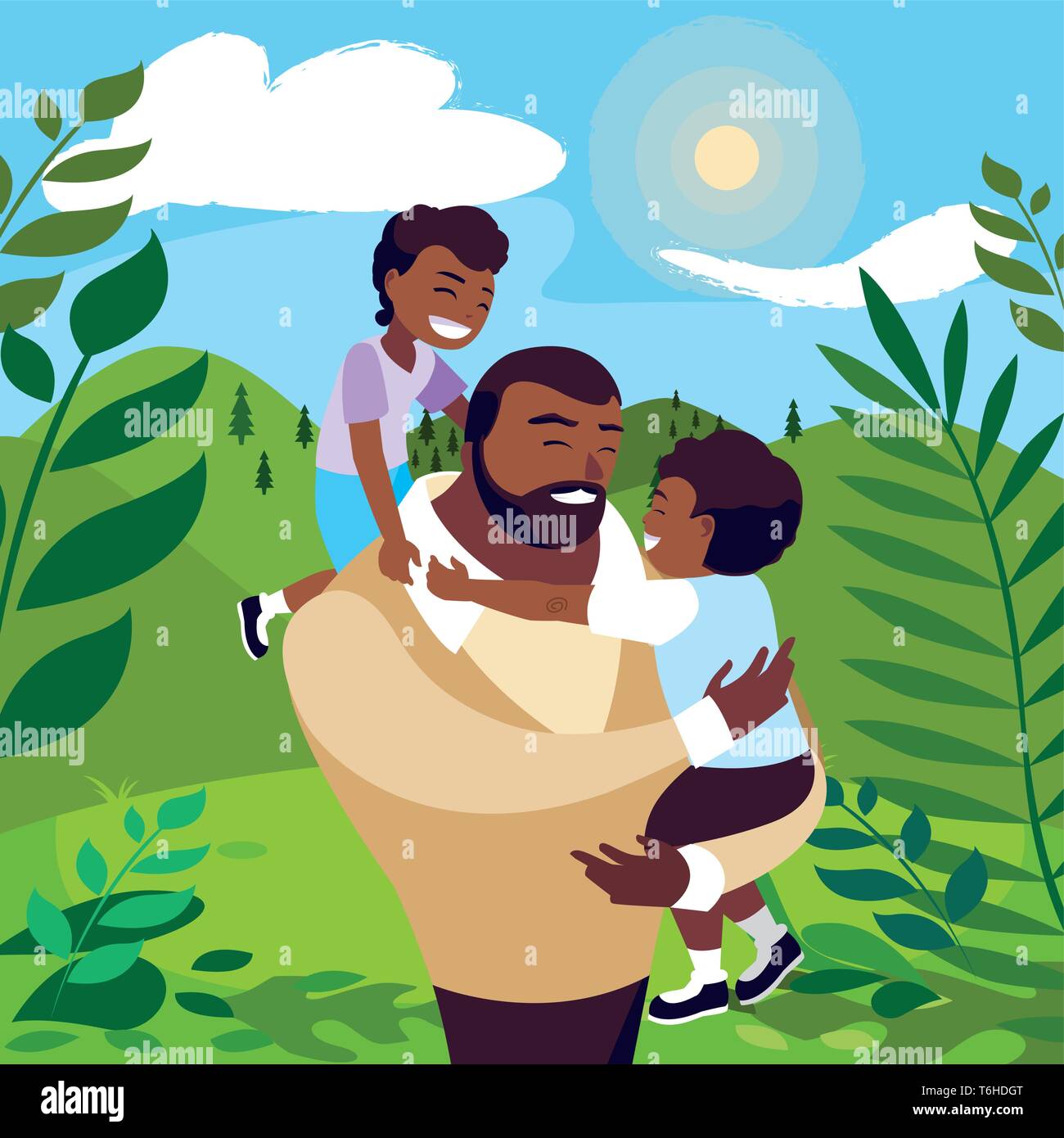 afro father with sons characters in the field vector illustration ...