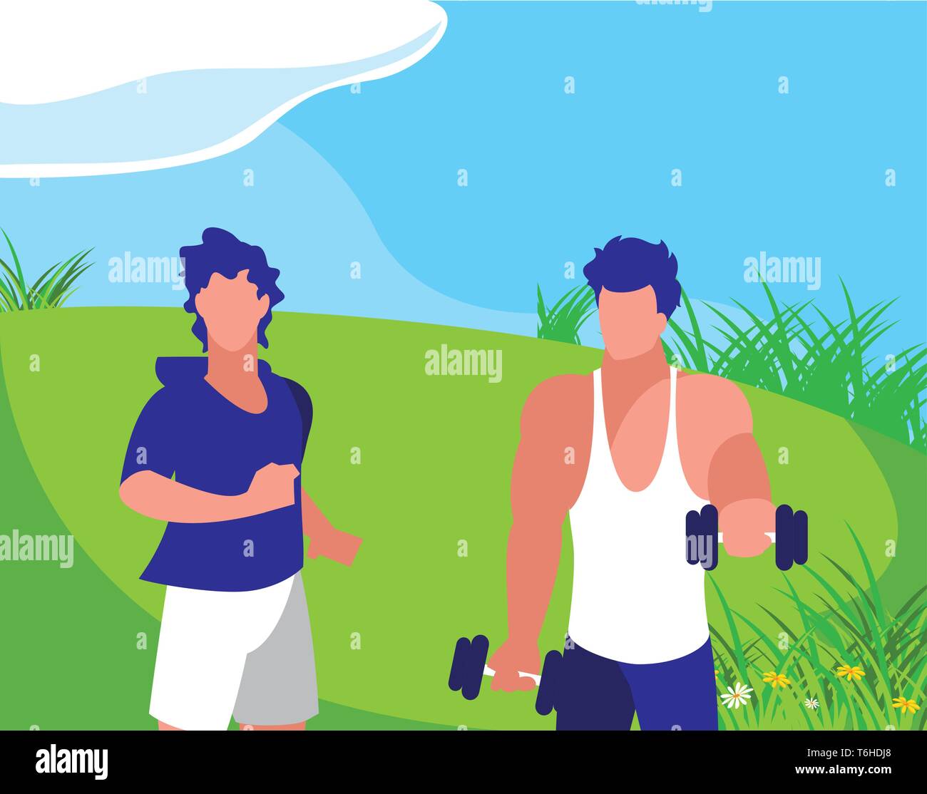 athletic men weight lifting and running in the camp vector illustration design Stock Vector