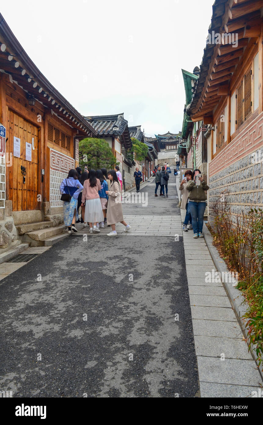 Korean traditional village in Seoul with a long history located on the top of a hill between Gyeongbok Palace. Stock Photo