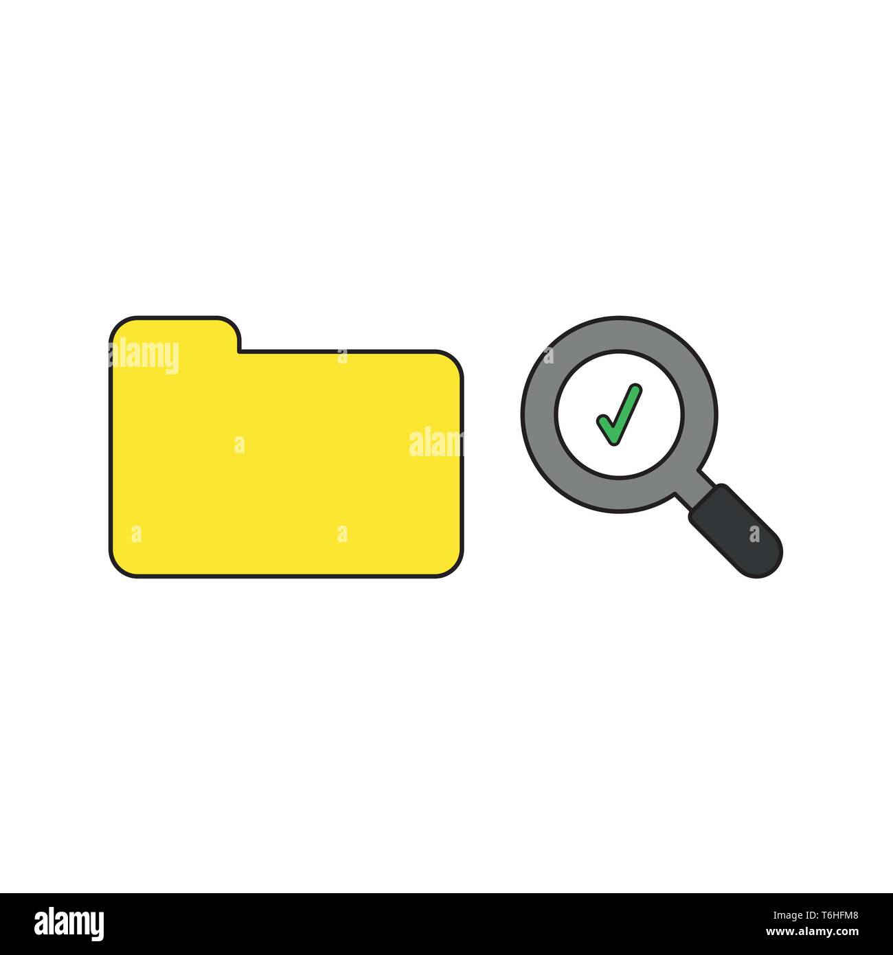 Vector icon concept of yellow closed folder and magnifying glass with green check mark. Black outlines and colored. Stock Vector