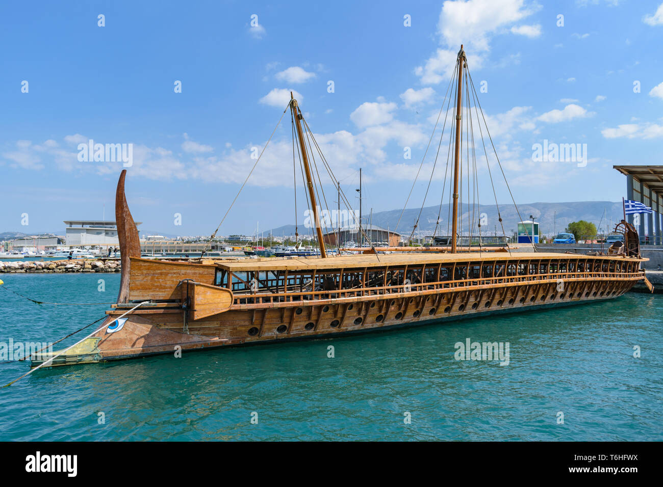 Marina Flisvos, Athens - March 24 2019: Trireme Olympias greek ancient ...