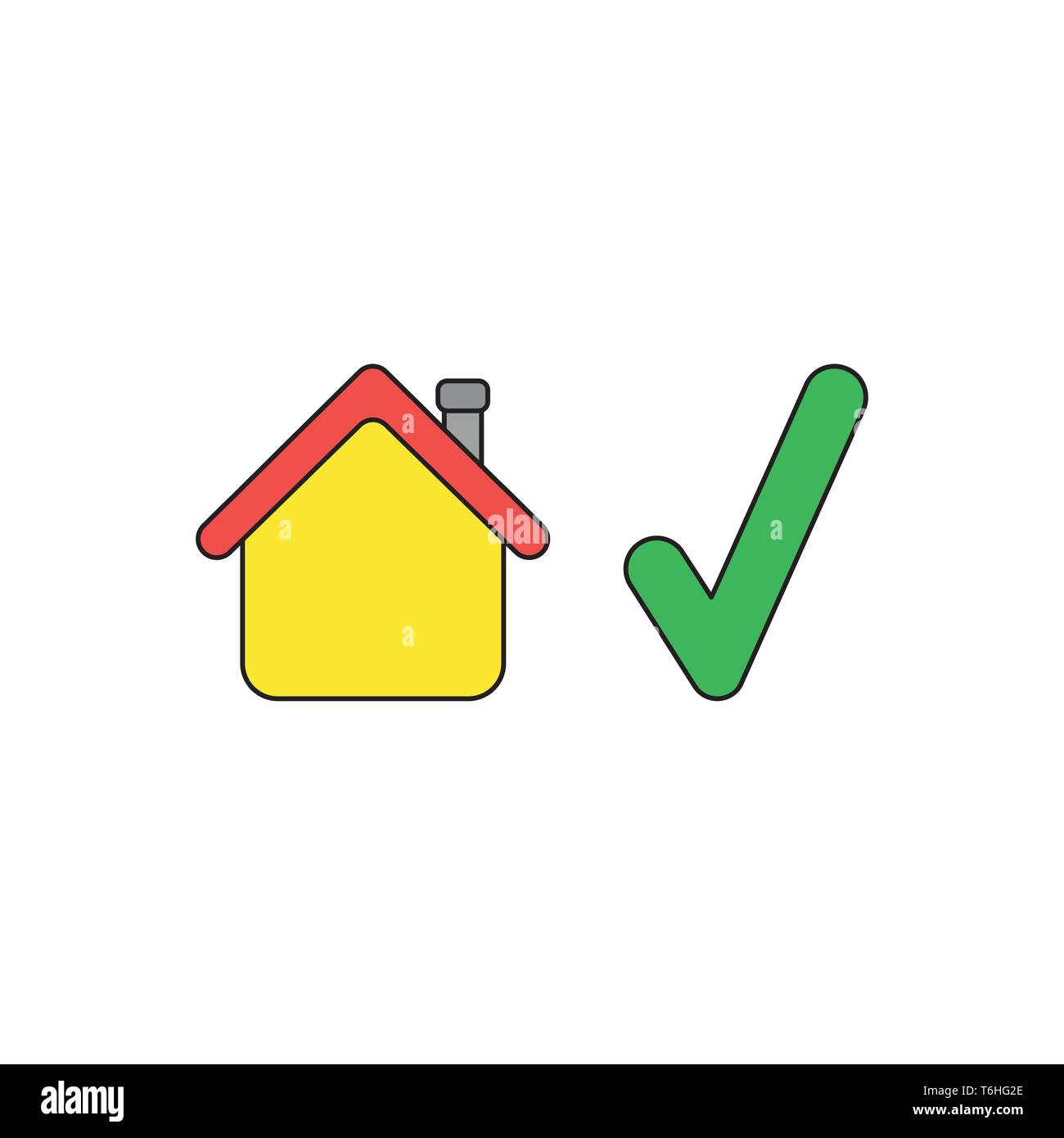 Vector icon concept of yellow house with green check mark. Black