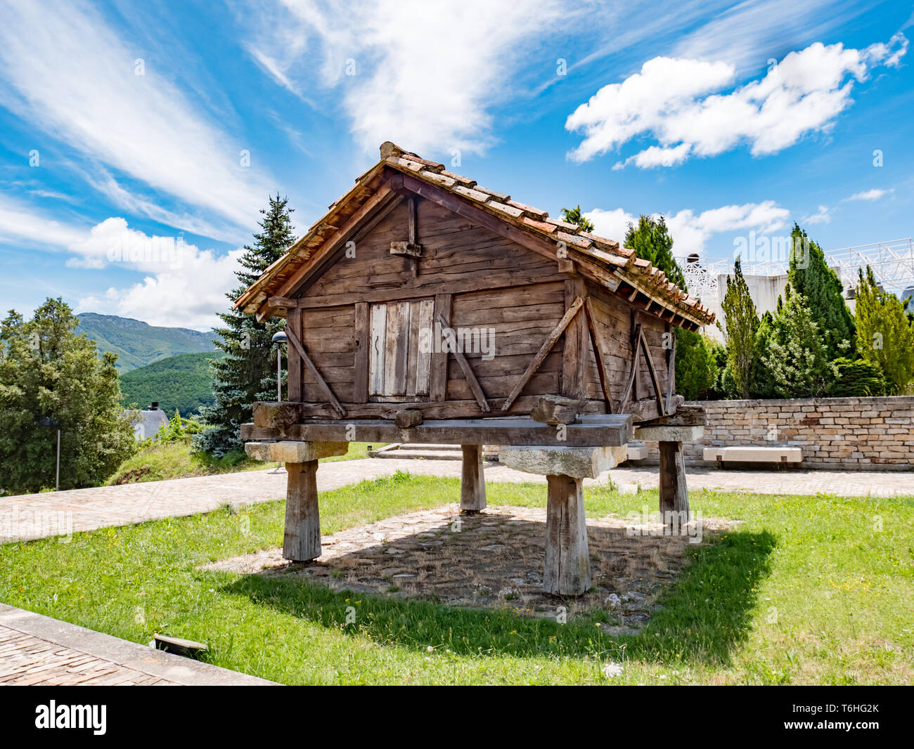Old wooden Horreo, typical rural construction in Spain. Riano, province of Leon. Castile and Leon, northern Spain Stock Photo
