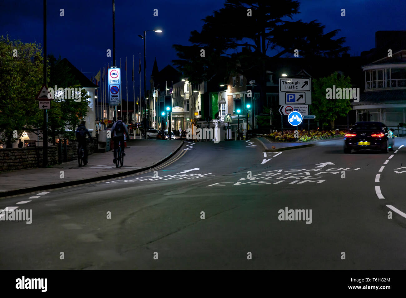 During the blue hour of the evening quite and lite up, Stratford upon Avon, Warwickshire, West Midllands, UK Stock Photo