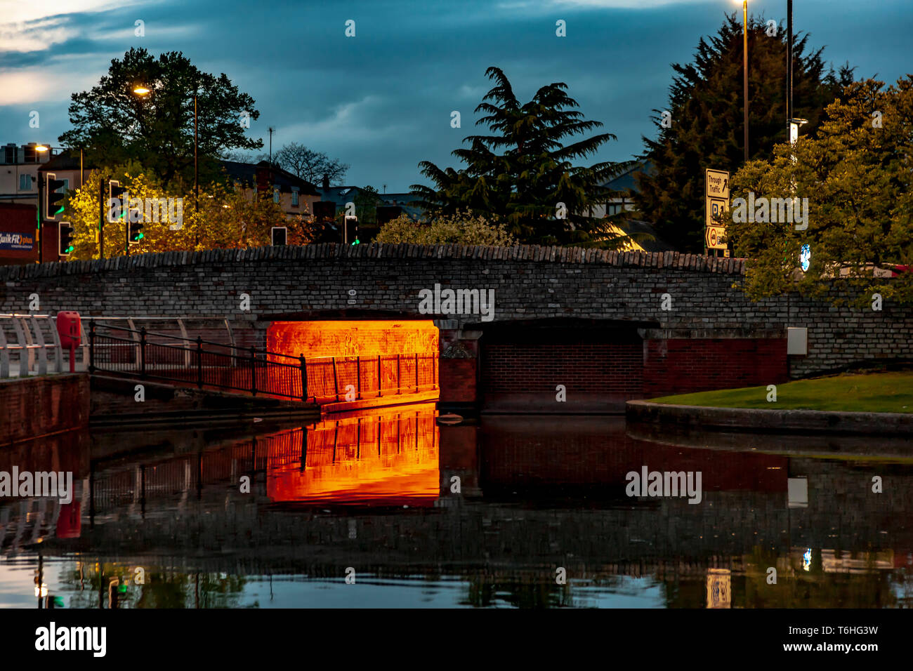 During the blue hour of the evening quite and lite up, Stratford upon Avon, Warwickshire, West Midllands, UK Stock Photo