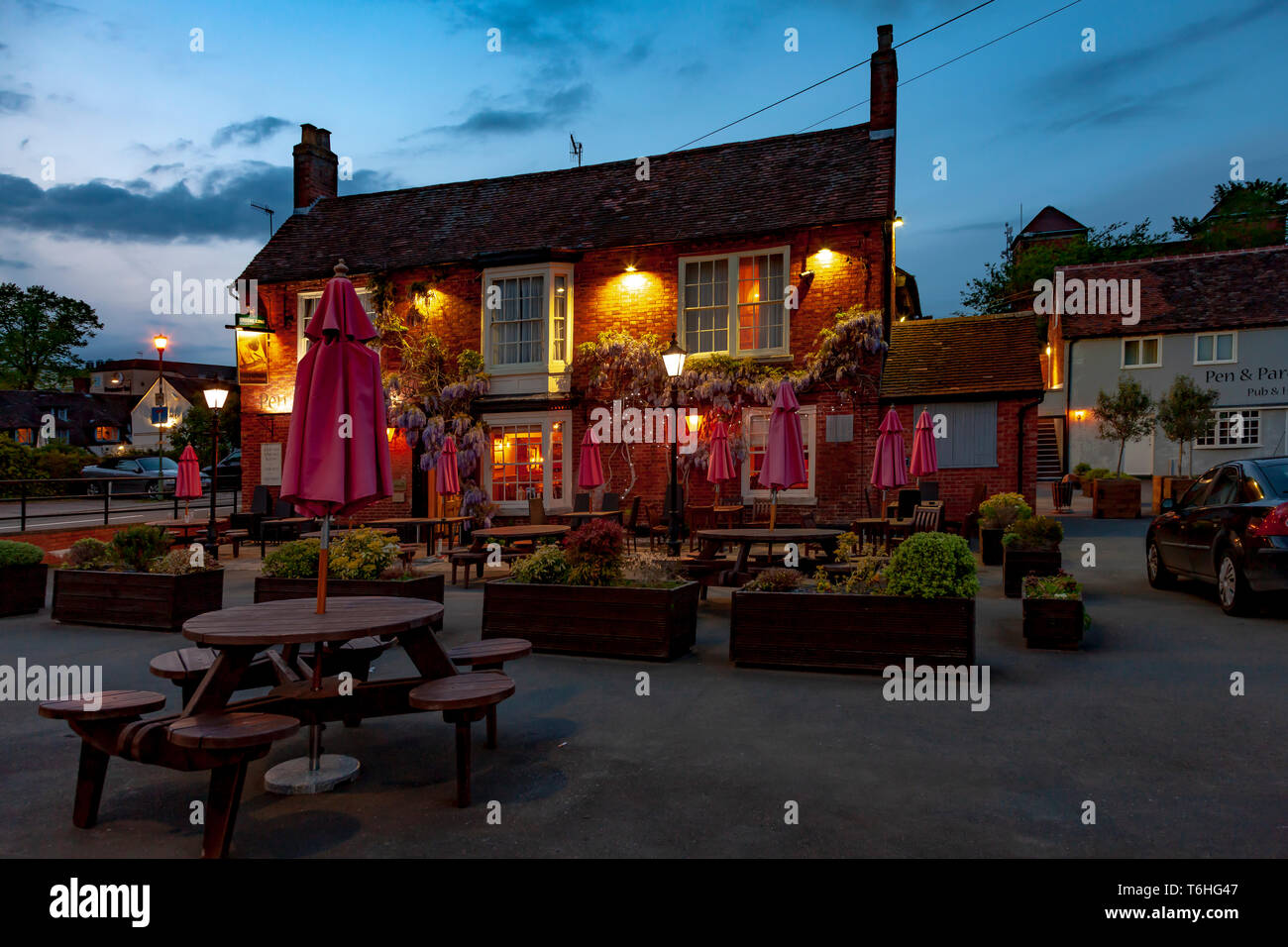 During the blue hour of the evening quite and lite up, Stratford upon Avon, Warwickshire, West Midllands, UK Stock Photo