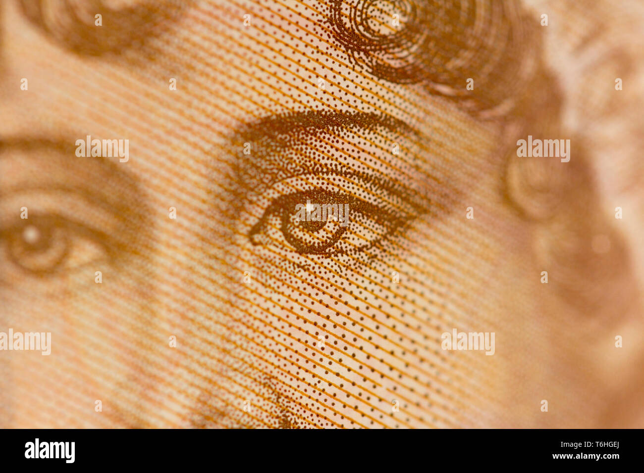 Close-up, macro photo of a piece of £10. Print, portrait, eyes of Jane Austen. Ten pounds sterling. Stock Photo