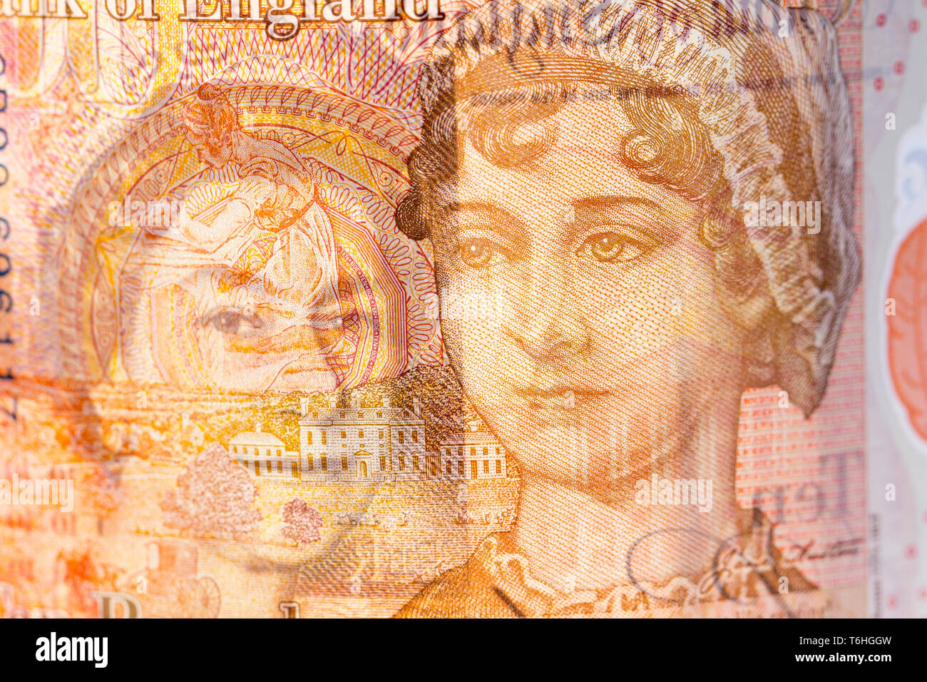 Close-up, macro photo of £10. Ten pounds sterling. Queen Elisabeth II, Jane Austen portrait Stock Photo