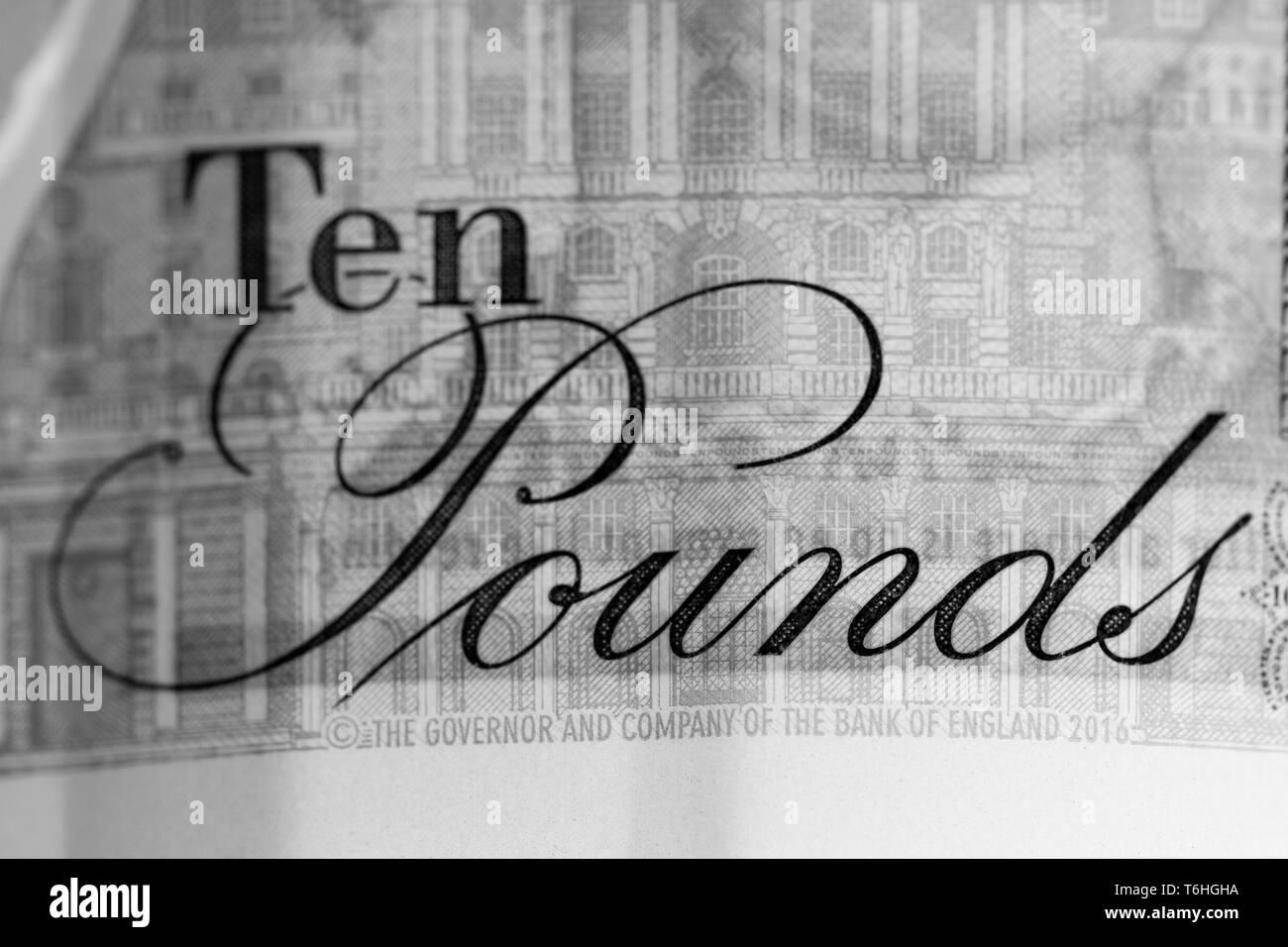 Close-up, macro photo of £10 banknote. Inscription 'Ten Pounds' sterling. Stock Photo