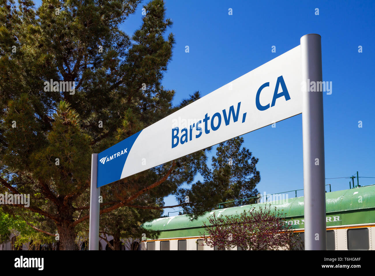 Barstow, CA / USA – April 14, 2019: Amtrak location sign at Barstow, California located at the famous Barstow Harvey House at 685 North 1st Ave. Stock Photo